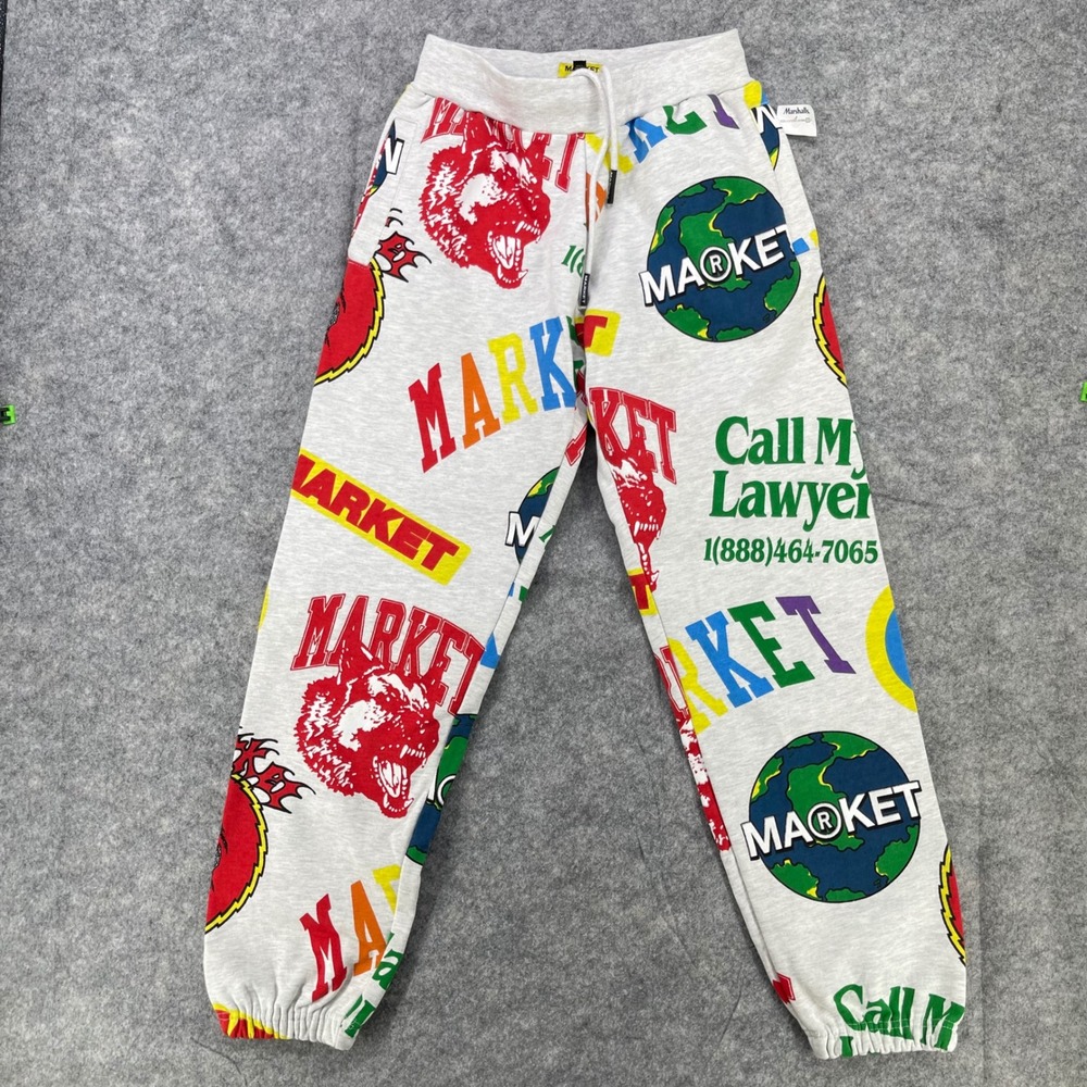 Chinatown Market Sweatpants Men Medium Gray Logo Graphic AOP Print Joggers‎ NEW